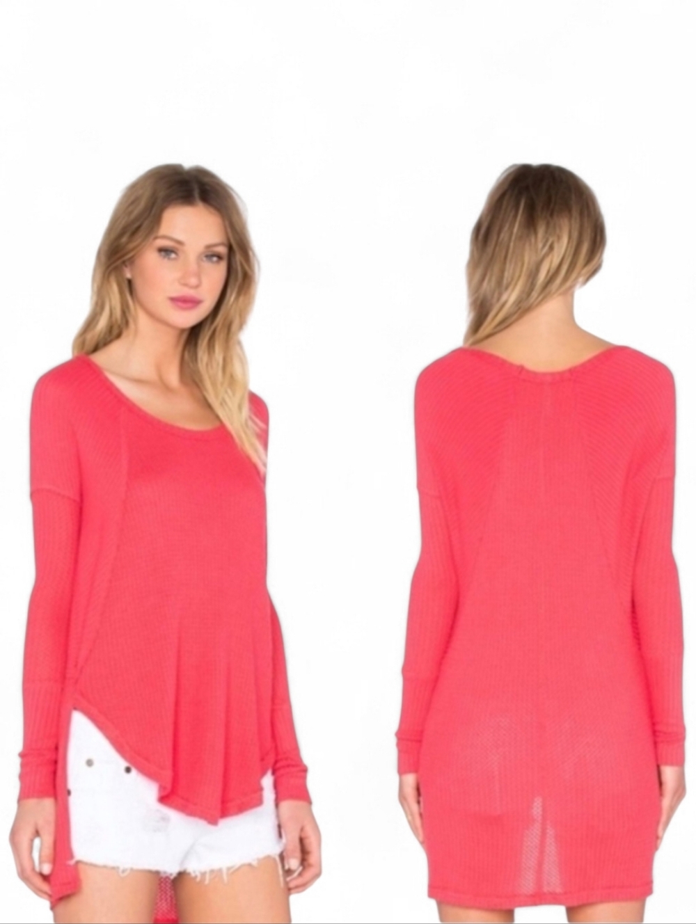 Free People Ventura Thermal Top Long Sleeve Hi-Lo Hem Scoop Neck Beachy Orange S